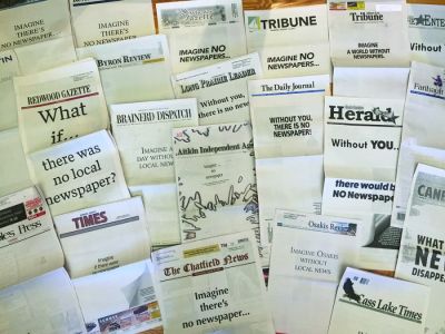 More than 220 of the state’s newspapers participated in a program of printing blank front pages during the week of Aug. 13-18, in conjunction with the Minnesota Newspaper Association’s 150 anniversary.