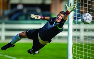 Powell’s Northwest College Trapper goalkeeper Matias Sandoval extends out in an attempt to save a ball against LCCC on Friday, October 1, 2021. Sandoval was named the NJCAA National Goalkeeper of the Week for his shutout win on Sept. 22 against Central Wyoming College. (Mark Davis | Powell (Wyoming) Tribune)
