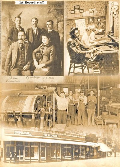 Old photos from the Roswell Daily Record’s earliest years, around 1890. 
At the top left is the first staff (left to right). Seated: Lucius Dill and Jennie Lea. Standing: Publisher Joe Lea, C.J. McDougall and C.E. Bull.