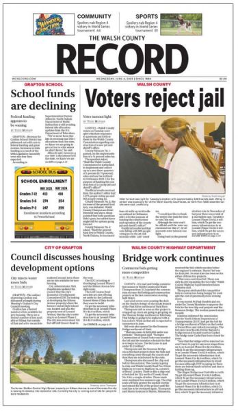 The Walsh County Record now has a brand-new flag across the top of the front page. There is one critique I have of the new design. It’s much better than the previous flag, but I would find a way to spread out the letters in “RECORD” or possibly use “COUNTY RECORD” with “The Walsh County” above. Still, it’s so much better than the old flag.