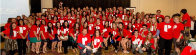 “P is for Prince.” Cal Poly students gathered wearing T-shirts as an expression of thanks to Ray Prince for his support of education.