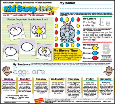 Publish Kid Scoop Junior, a half-page weekly feature with fun reading and math activities for the whole week. Take a look!