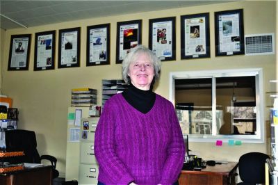 Suzanne Dean s office art illustrates the growth of the Sanpete Messenger over the years.